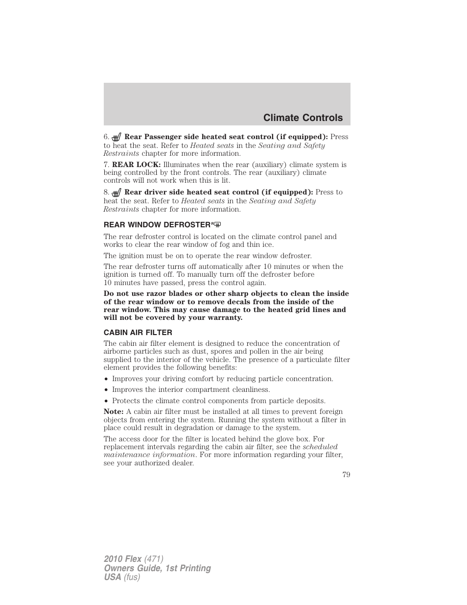 Rear window defroster, Cabin air filter, Climate controls | FORD 2010 Flex v.1 User Manual | Page 79 / 397