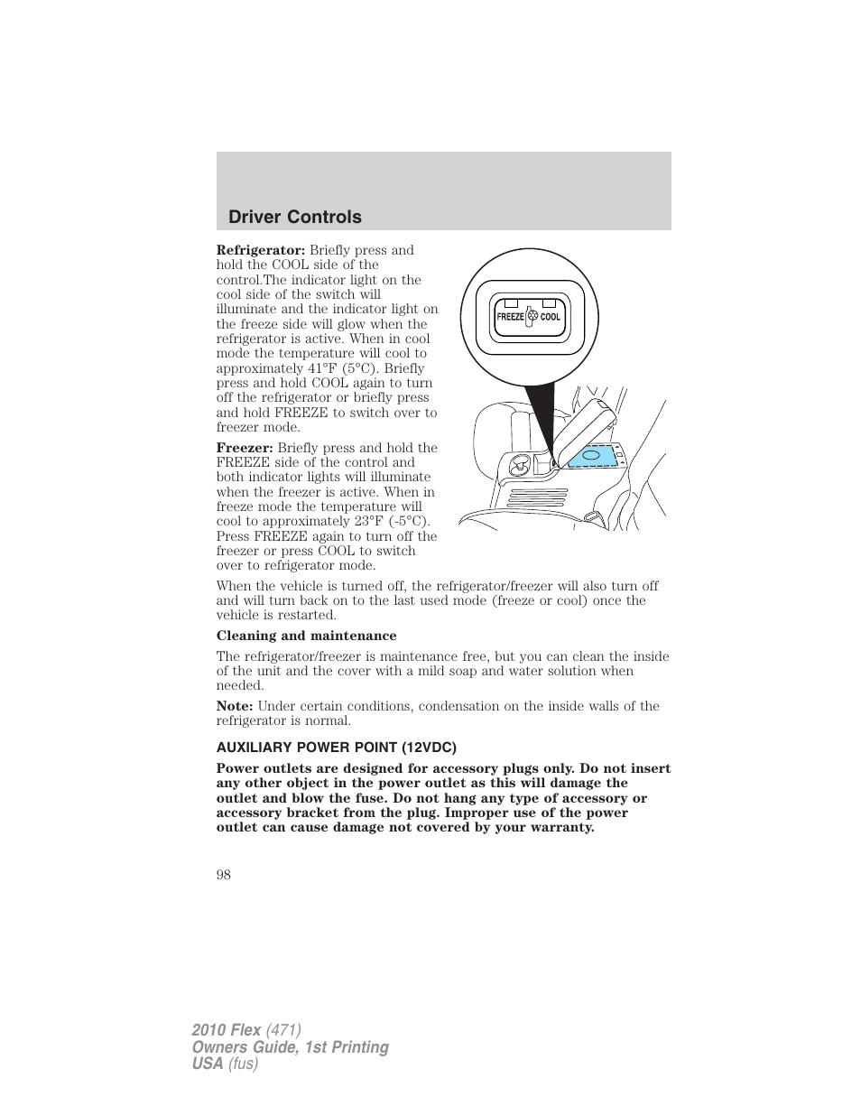 Auxiliary power point (12vdc), Driver controls | FORD 2010 Flex v.1 User Manual | Page 98 / 397