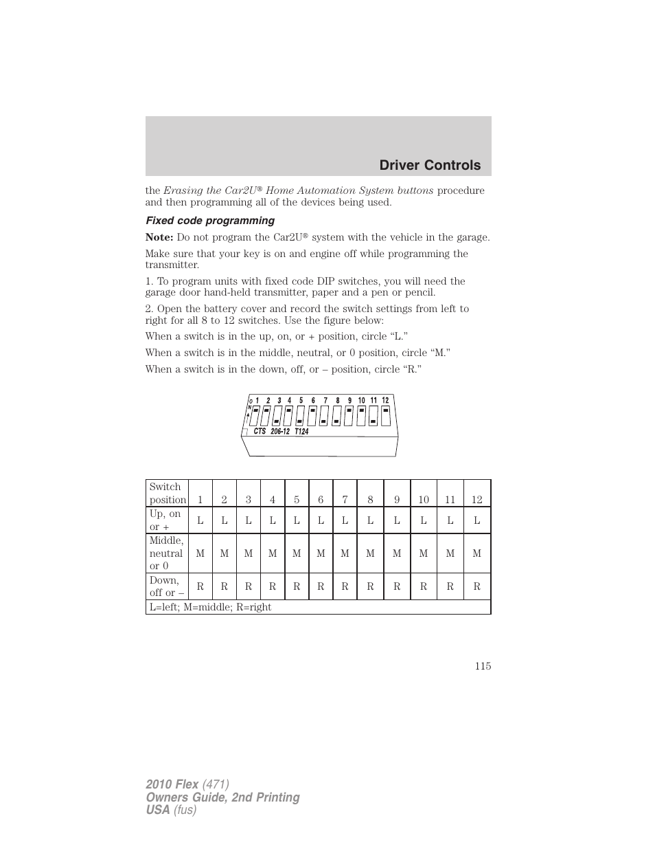 Fixed code programming, Driver controls | FORD 2010 Flex v.2 User Manual | Page 115 / 399