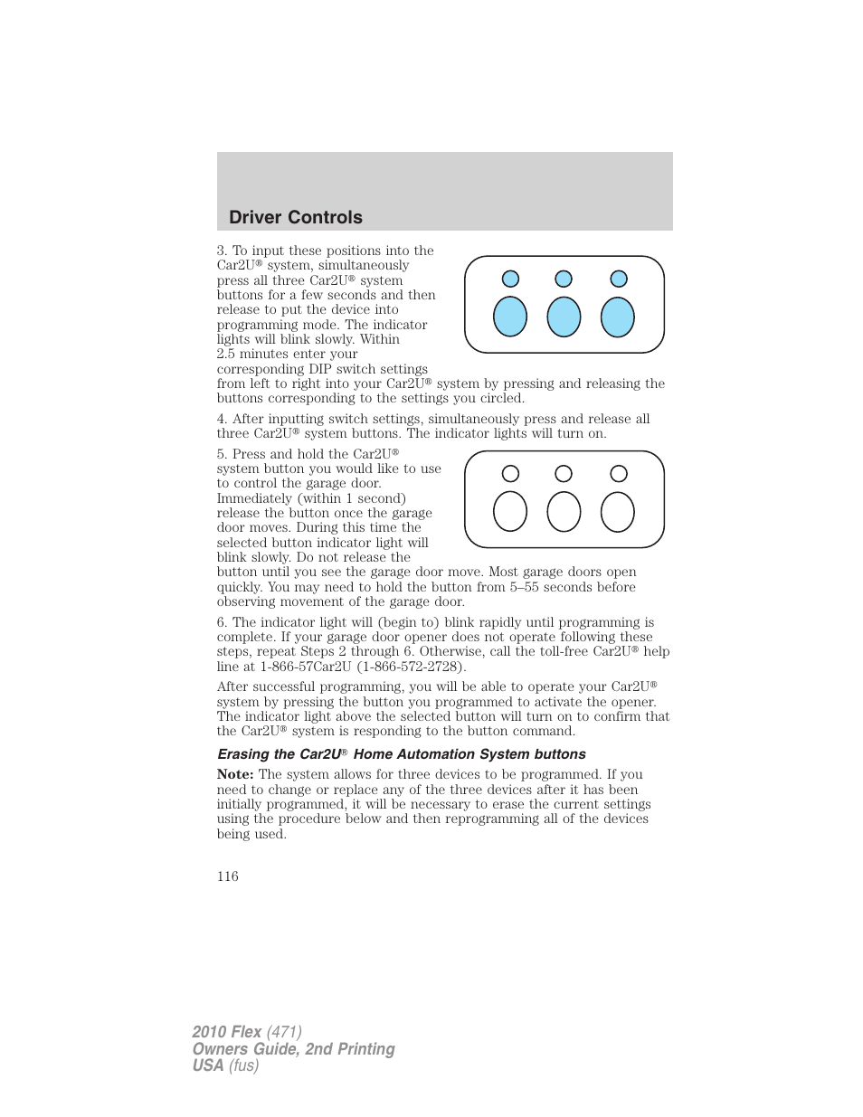 Erasing the car2u home automation system buttons, Driver controls | FORD 2010 Flex v.2 User Manual | Page 116 / 399