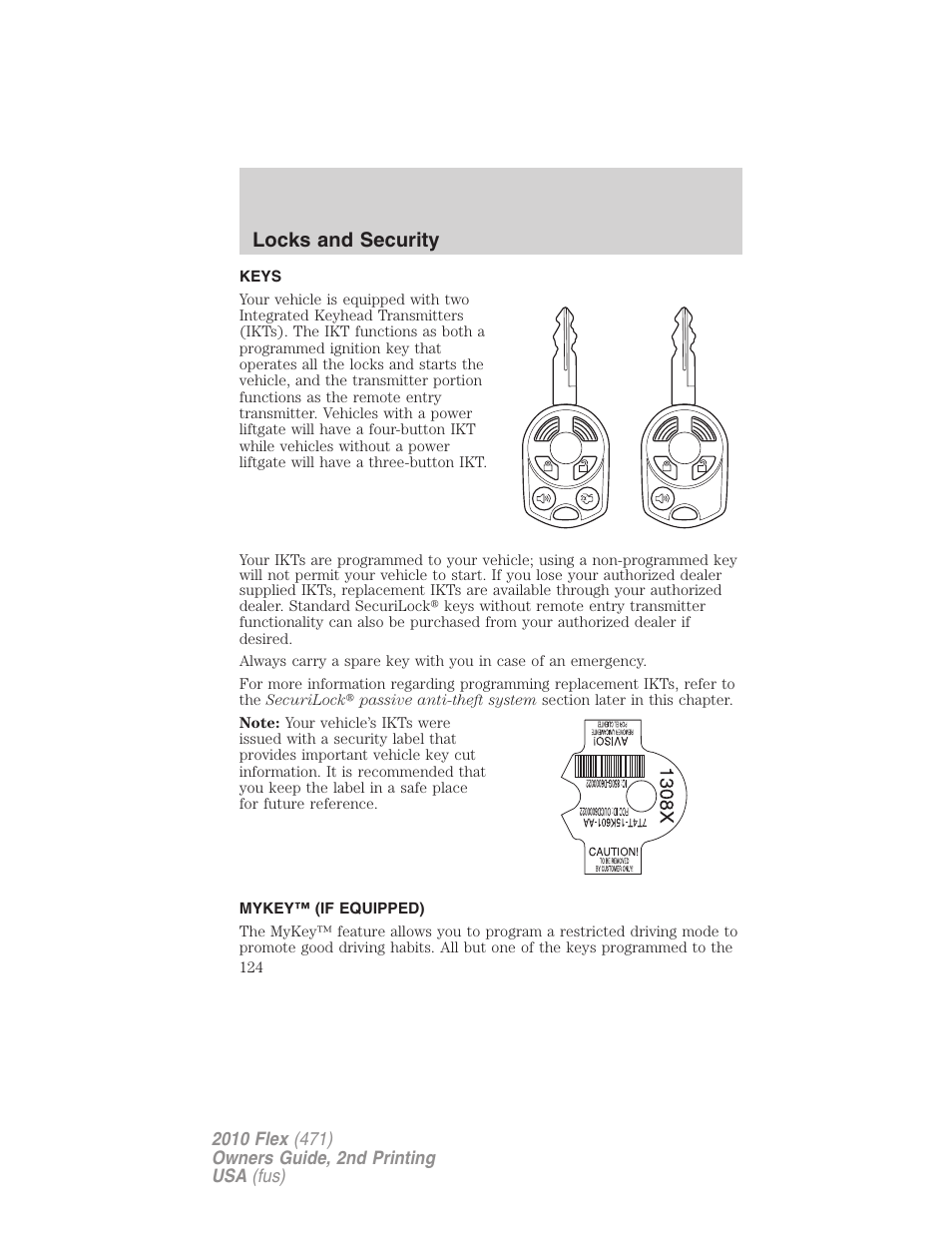 Locks and security, Keys, Mykey™ (if equipped) | FORD 2010 Flex v.2 User Manual | Page 124 / 399