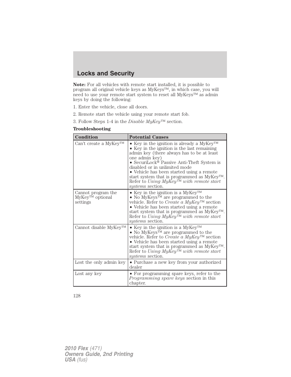 Locks and security | FORD 2010 Flex v.2 User Manual | Page 128 / 399