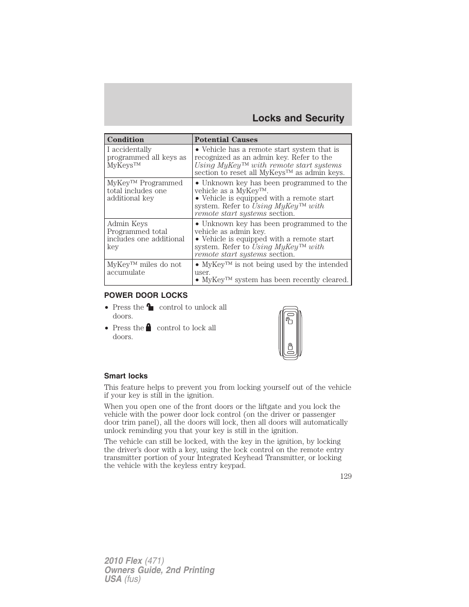 Power door locks, Smart locks, Locks | Locks and security | FORD 2010 Flex v.2 User Manual | Page 129 / 399