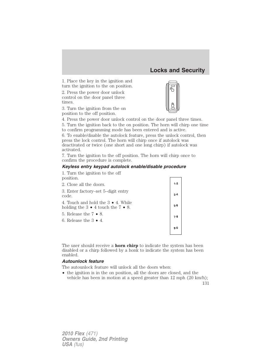 Autounlock feature, Locks and security | FORD 2010 Flex v.2 User Manual | Page 131 / 399