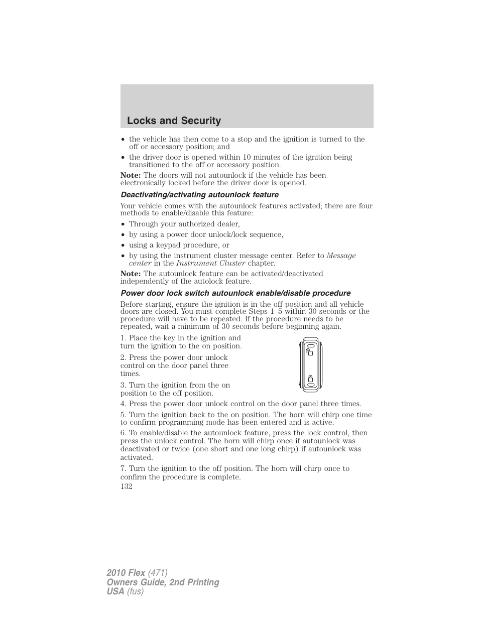 Deactivating/activating autounlock feature, Locks and security | FORD 2010 Flex v.2 User Manual | Page 132 / 399