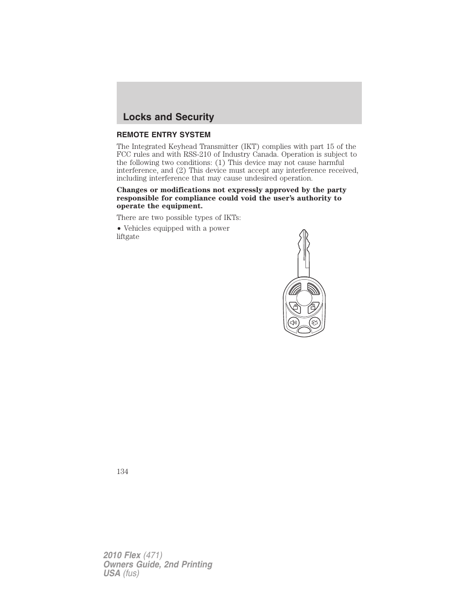 Remote entry system, Locks and security | FORD 2010 Flex v.2 User Manual | Page 134 / 399