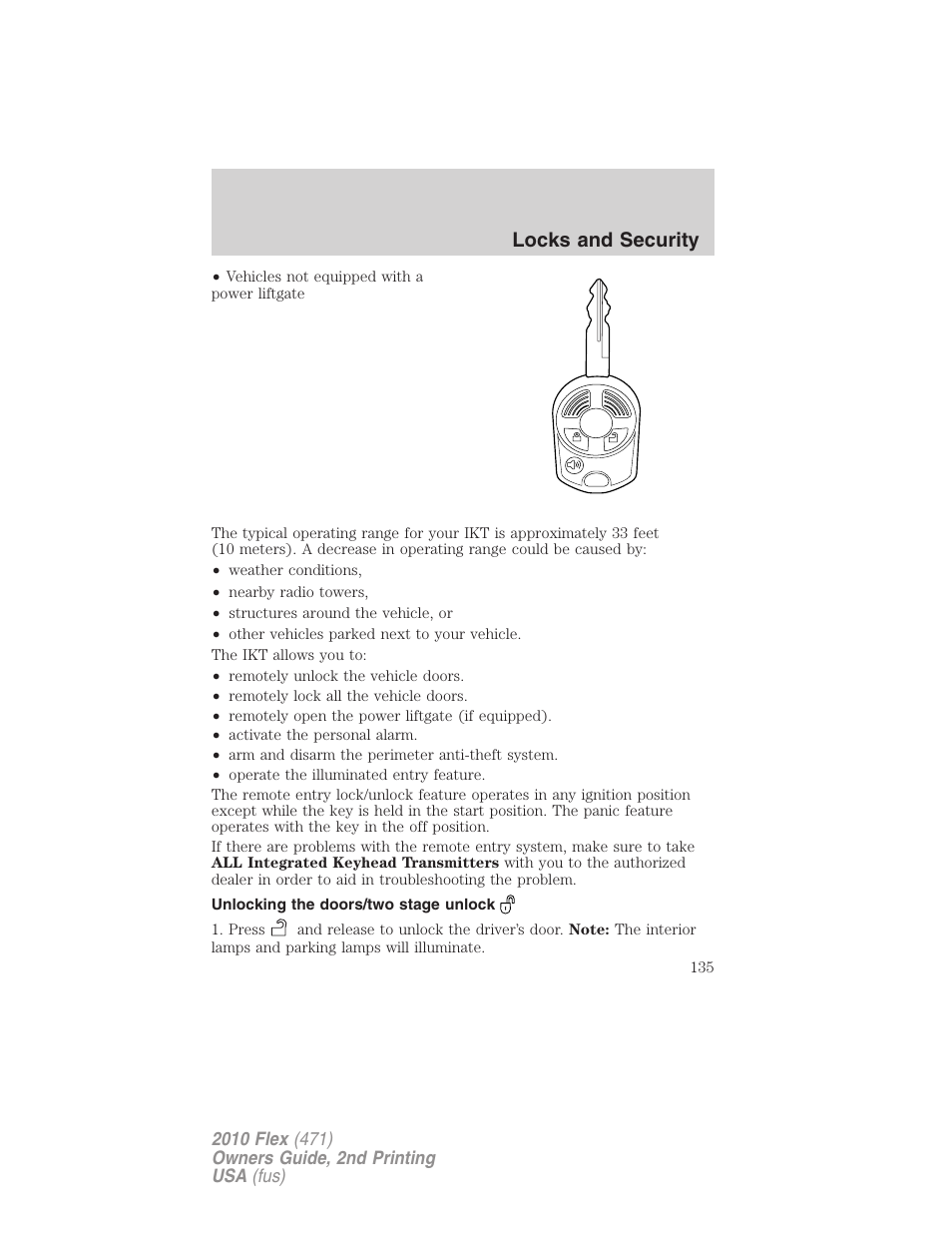 Unlocking the doors/two stage unlock, Locks and security | FORD 2010 Flex v.2 User Manual | Page 135 / 399