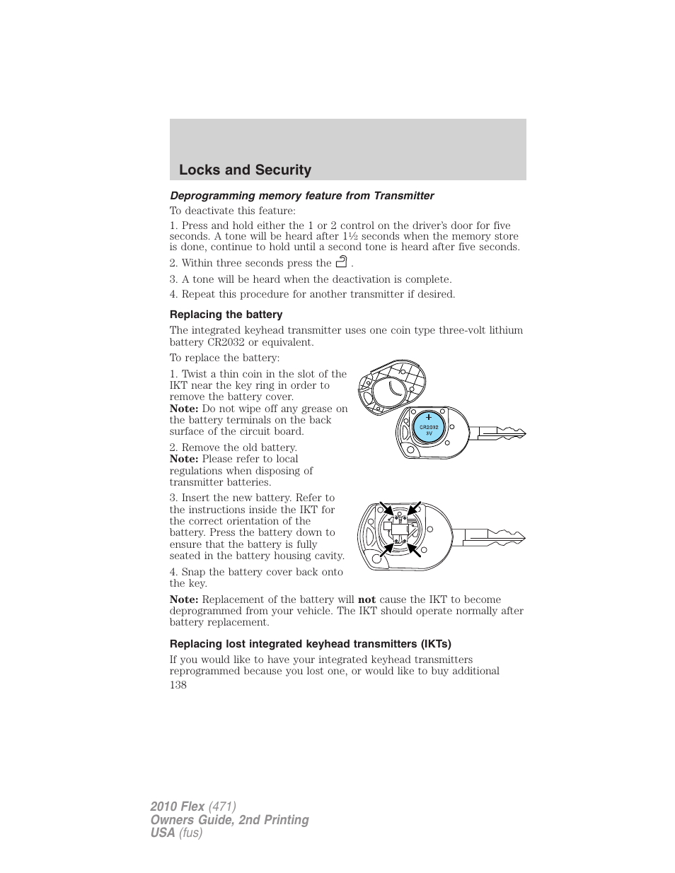Deprogramming memory feature from transmitter, Replacing the battery, Locks and security | FORD 2010 Flex v.2 User Manual | Page 138 / 399