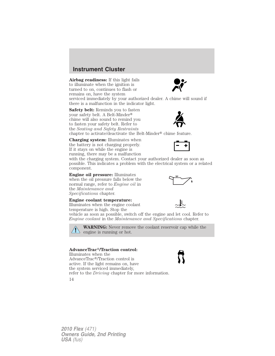 Instrument cluster | FORD 2010 Flex v.2 User Manual | Page 14 / 399