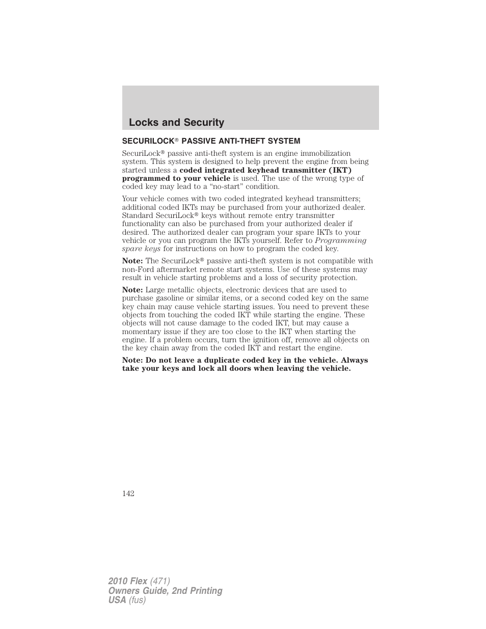 Securilock passive anti-theft system, Anti-theft system, Locks and security | FORD 2010 Flex v.2 User Manual | Page 142 / 399