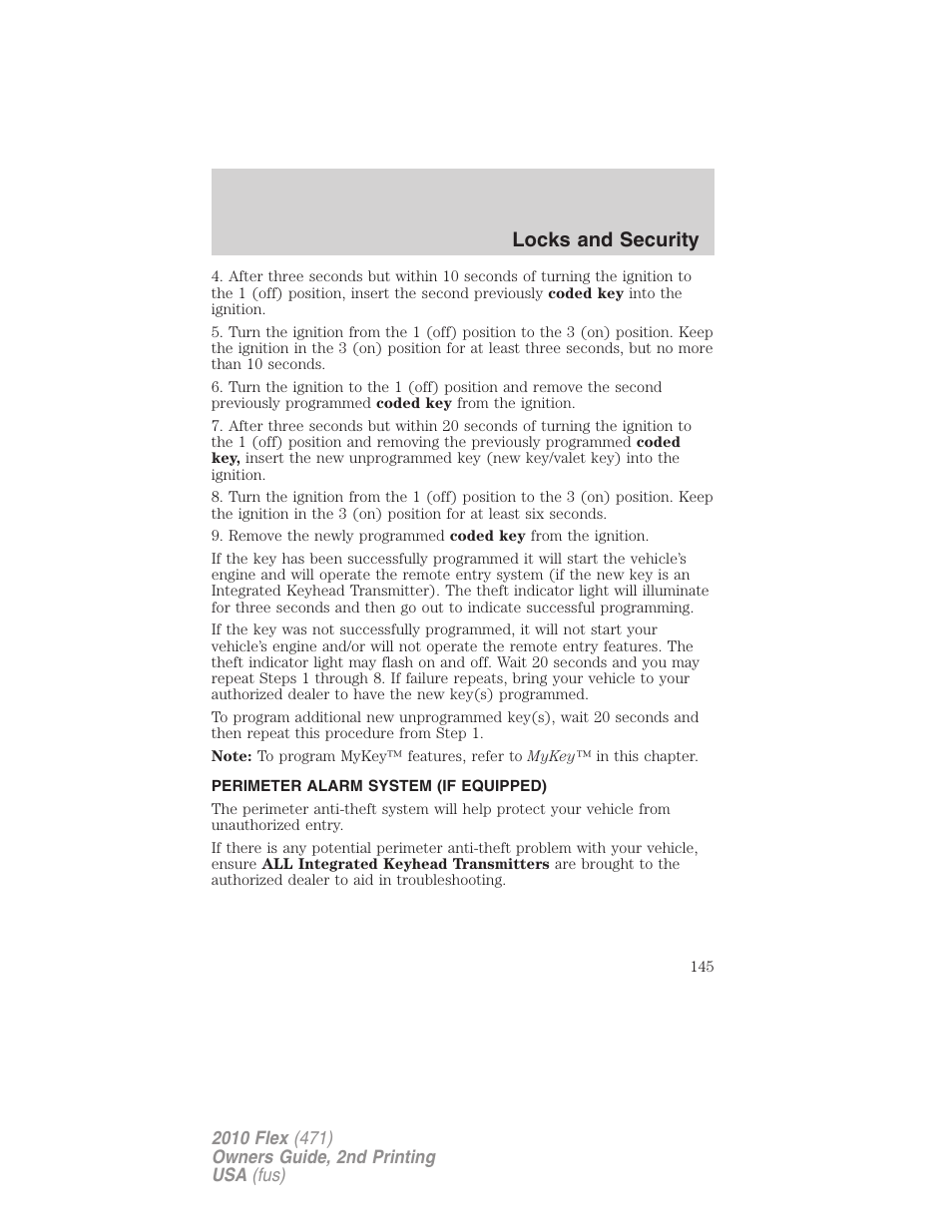 Perimeter alarm system (if equipped), Locks and security | FORD 2010 Flex v.2 User Manual | Page 145 / 399