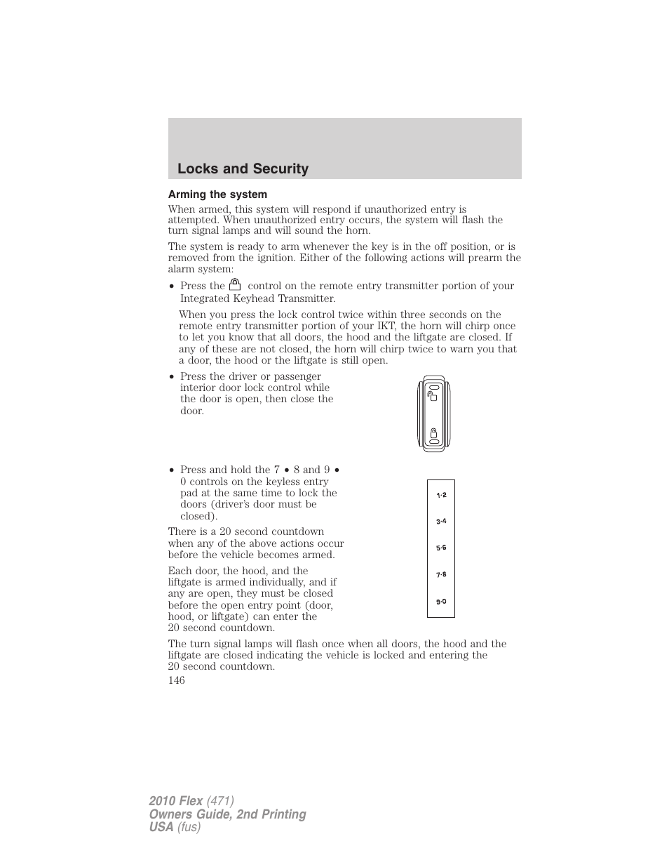 Arming the system, Locks and security | FORD 2010 Flex v.2 User Manual | Page 146 / 399