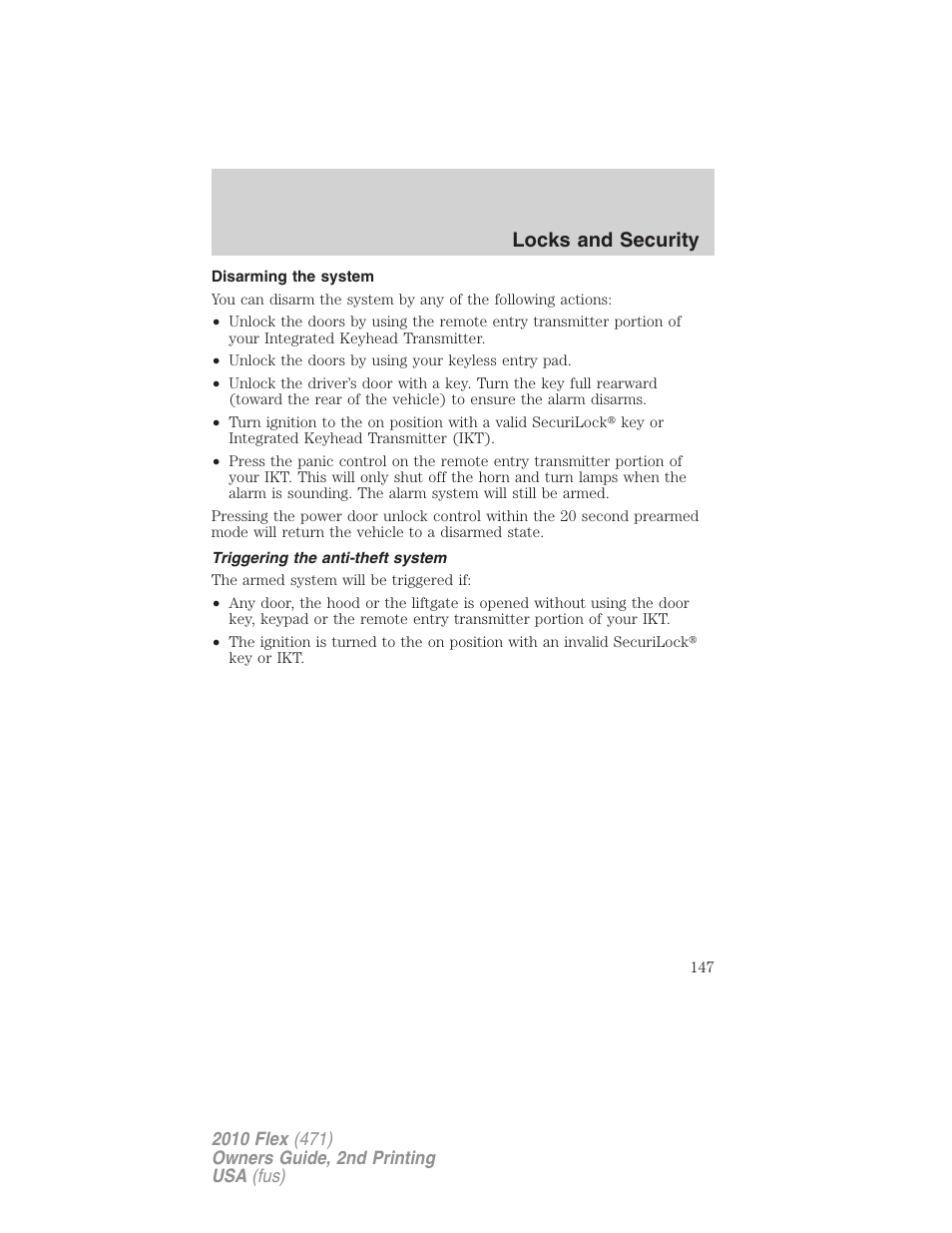 Disarming the system, Triggering the anti-theft system, Locks and security | FORD 2010 Flex v.2 User Manual | Page 147 / 399