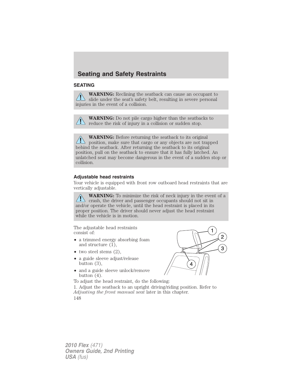 Seating and safety restraints, Seating, Adjustable head restraints | FORD 2010 Flex v.2 User Manual | Page 148 / 399