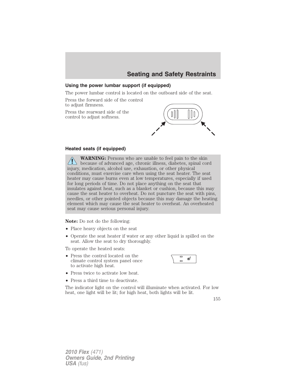 Using the power lumbar support (if equipped), Heated seats (if equipped), Seating and safety restraints | FORD 2010 Flex v.2 User Manual | Page 155 / 399