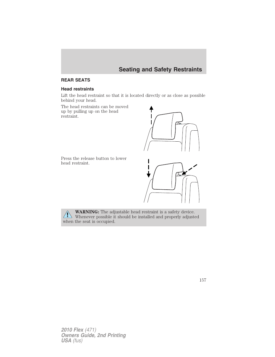 Rear seats, Head restraints, Seating and safety restraints | FORD 2010 Flex v.2 User Manual | Page 157 / 399