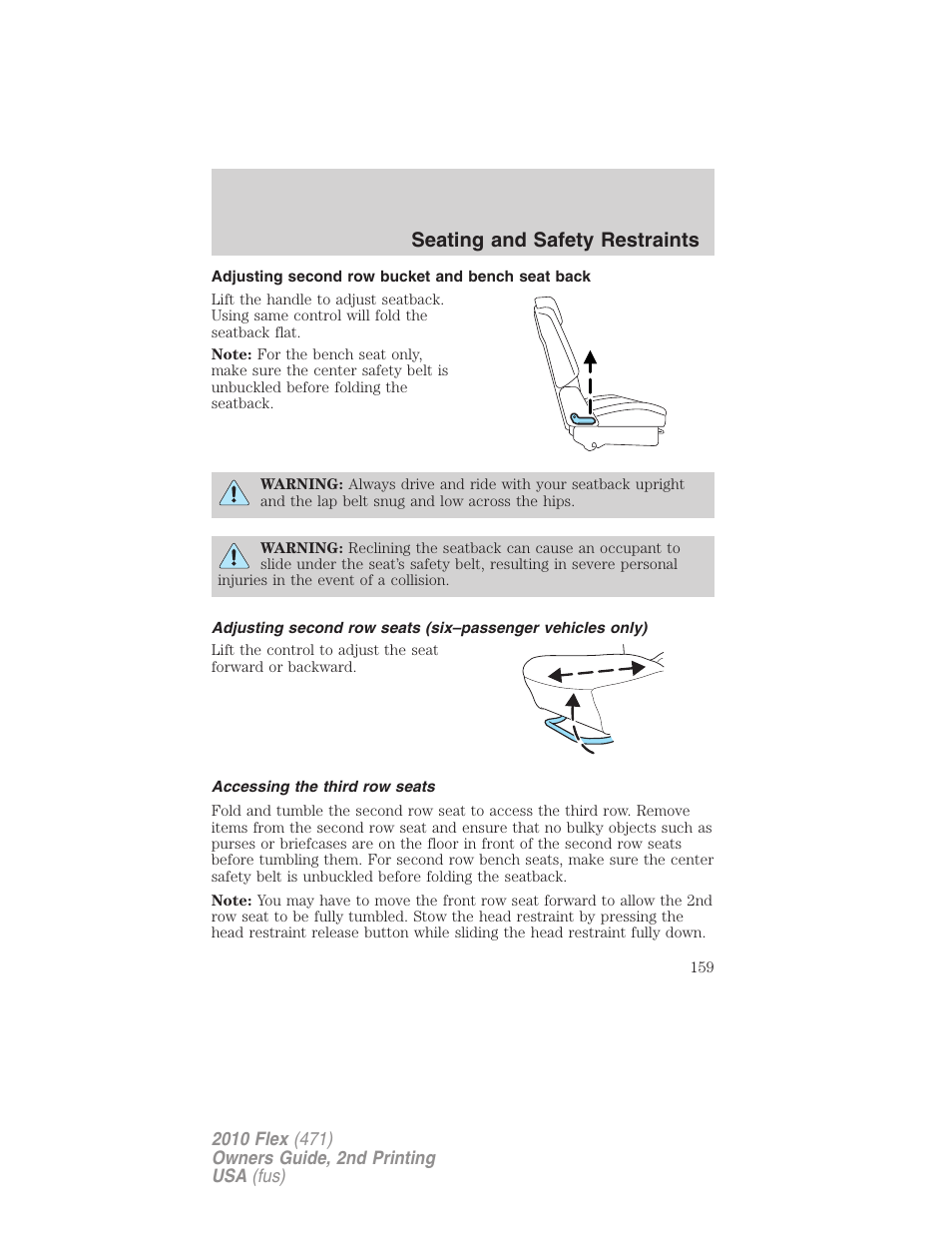 Adjusting second row bucket and bench seat back, Accessing the third row seats, Seating and safety restraints | FORD 2010 Flex v.2 User Manual | Page 159 / 399