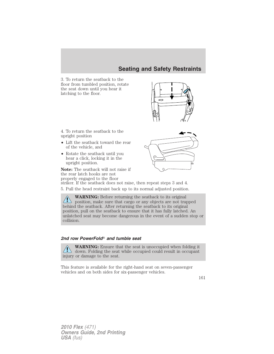 2nd row powerfold and tumble seat, Seating and safety restraints | FORD 2010 Flex v.2 User Manual | Page 161 / 399