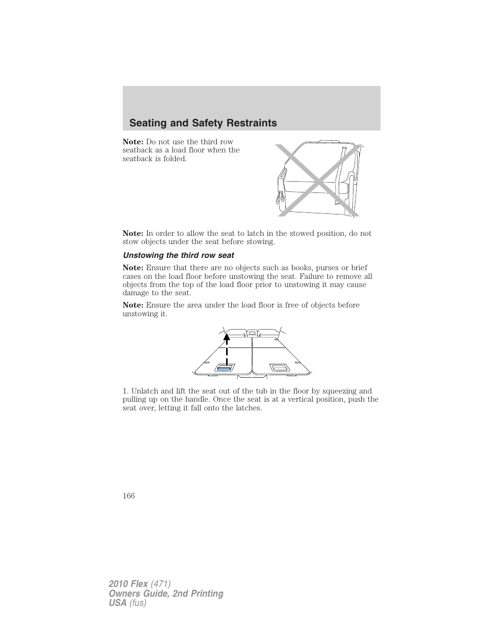 Unstowing the third row seat, Seating and safety restraints | FORD 2010 Flex v.2 User Manual | Page 166 / 399