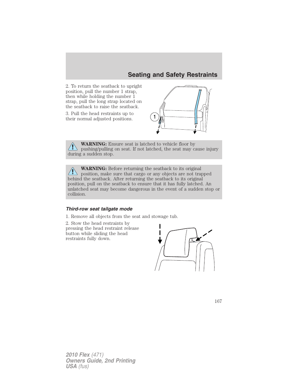 Third-row seat tailgate mode, Seating and safety restraints | FORD 2010 Flex v.2 User Manual | Page 167 / 399