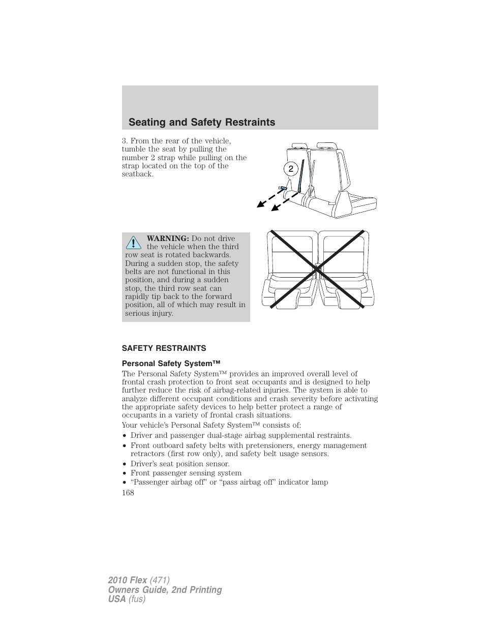 Safety restraints, Personal safety system, Seating and safety restraints | FORD 2010 Flex v.2 User Manual | Page 168 / 399