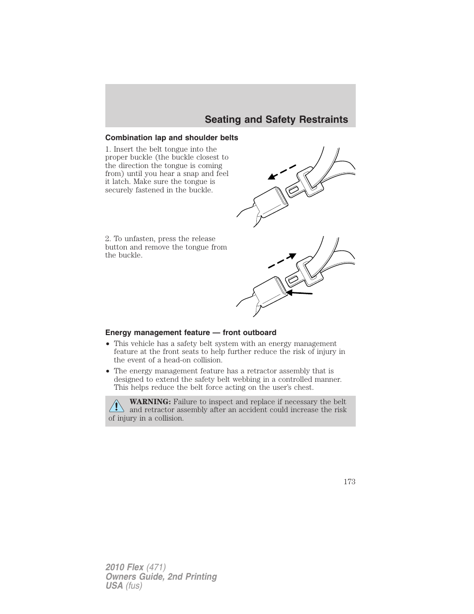 Combination lap and shoulder belts, Energy management feature — front outboard, Seating and safety restraints | FORD 2010 Flex v.2 User Manual | Page 173 / 399