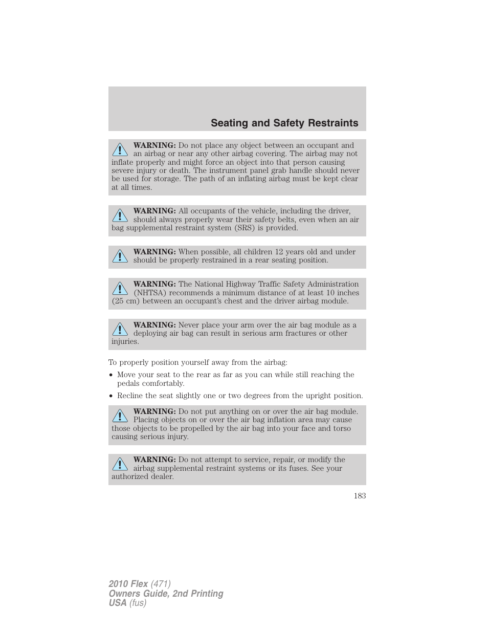 Seating and safety restraints | FORD 2010 Flex v.2 User Manual | Page 183 / 399