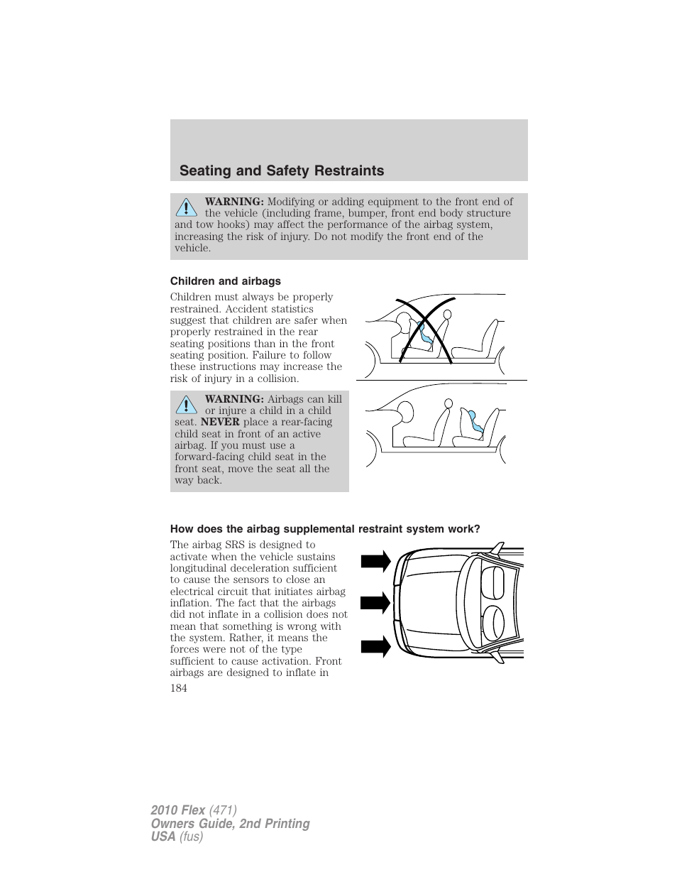 Children and airbags, Seating and safety restraints | FORD 2010 Flex v.2 User Manual | Page 184 / 399