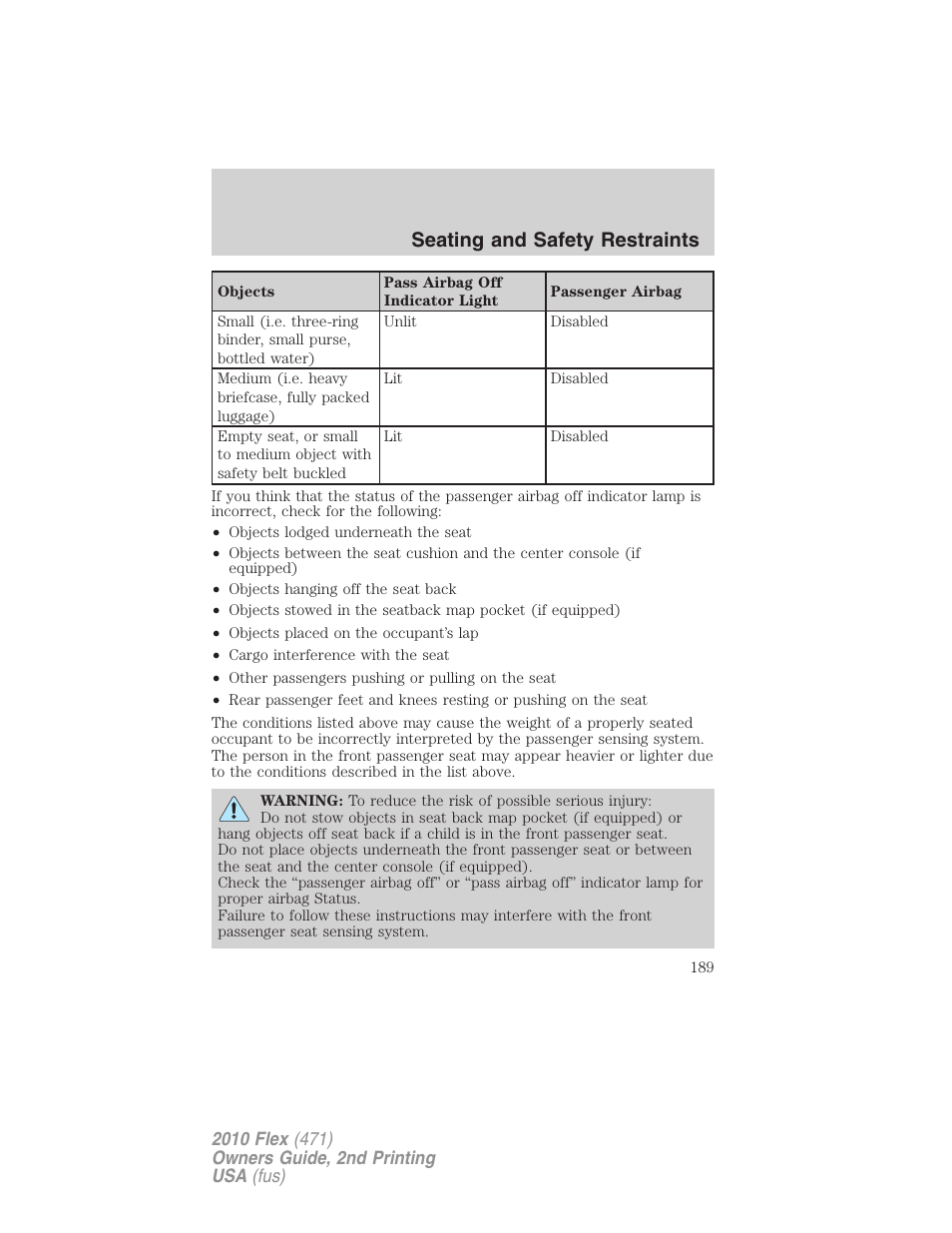 Seating and safety restraints | FORD 2010 Flex v.2 User Manual | Page 189 / 399