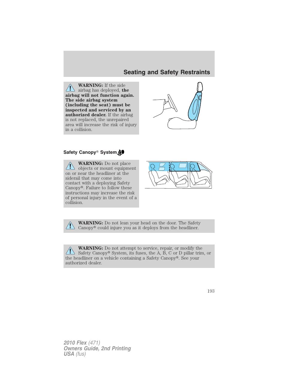 Safety canopy system, Seating and safety restraints | FORD 2010 Flex v.2 User Manual | Page 193 / 399