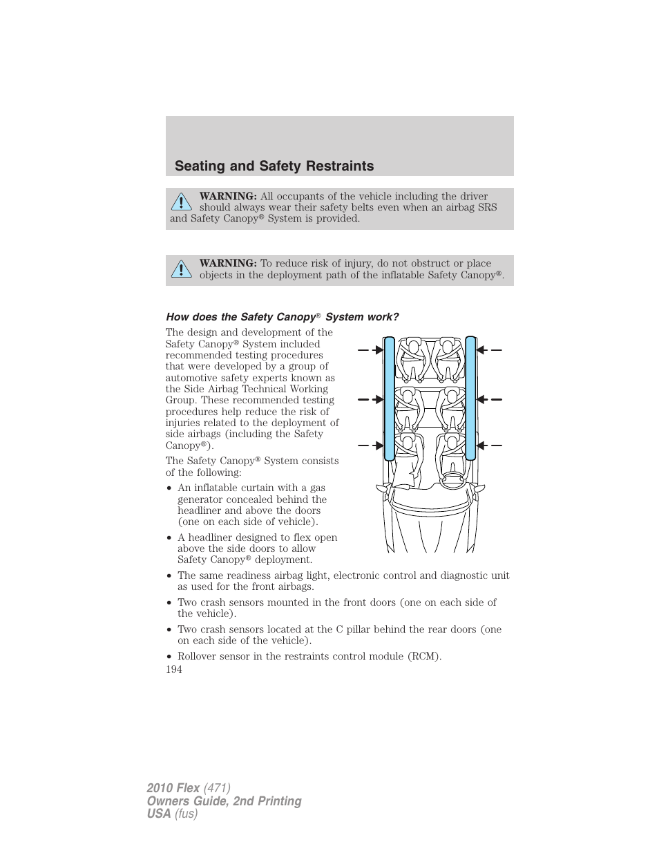 How does the safety canopy system work, Seating and safety restraints | FORD 2010 Flex v.2 User Manual | Page 194 / 399