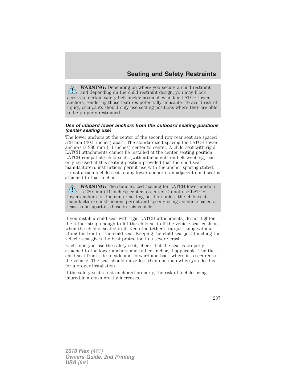 Seating and safety restraints | FORD 2010 Flex v.2 User Manual | Page 207 / 399