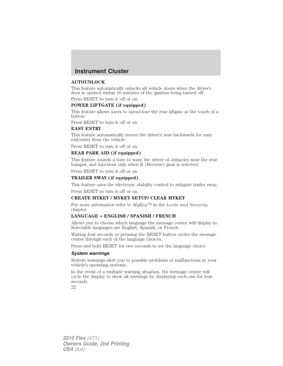 System warnings, Instrument cluster | FORD 2010 Flex v.2 User Manual | Page 22 / 399