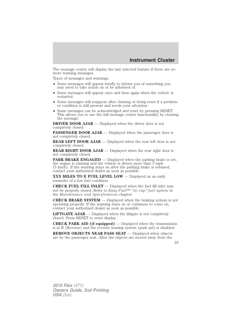 Instrument cluster | FORD 2010 Flex v.2 User Manual | Page 23 / 399