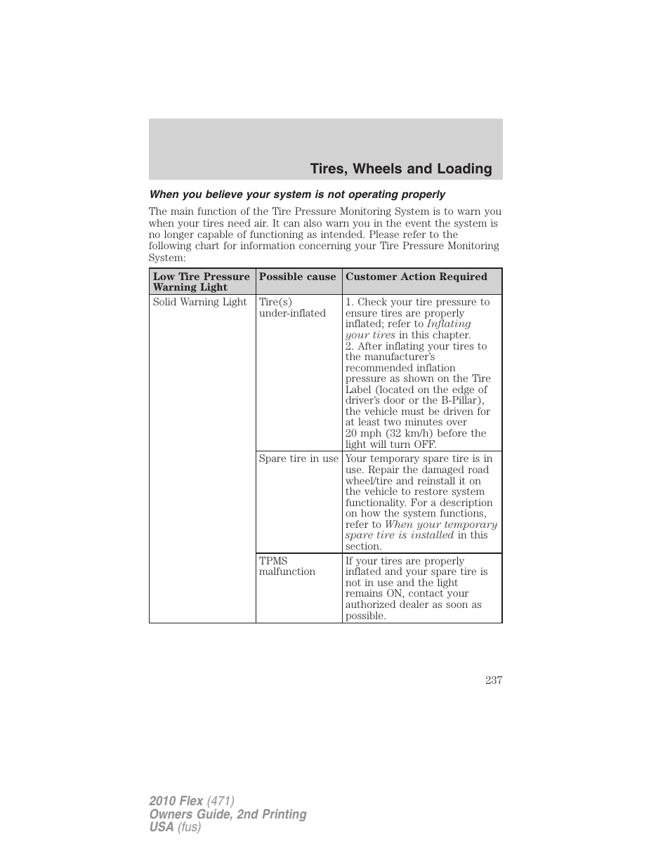 Tires, wheels and loading | FORD 2010 Flex v.2 User Manual | Page 237 / 399