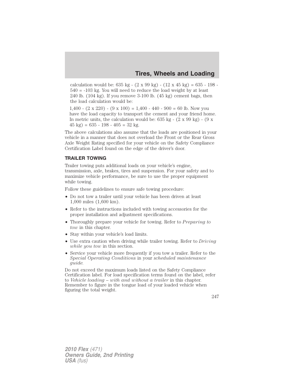 Trailer towing, Tires, wheels and loading | FORD 2010 Flex v.2 User Manual | Page 247 / 399