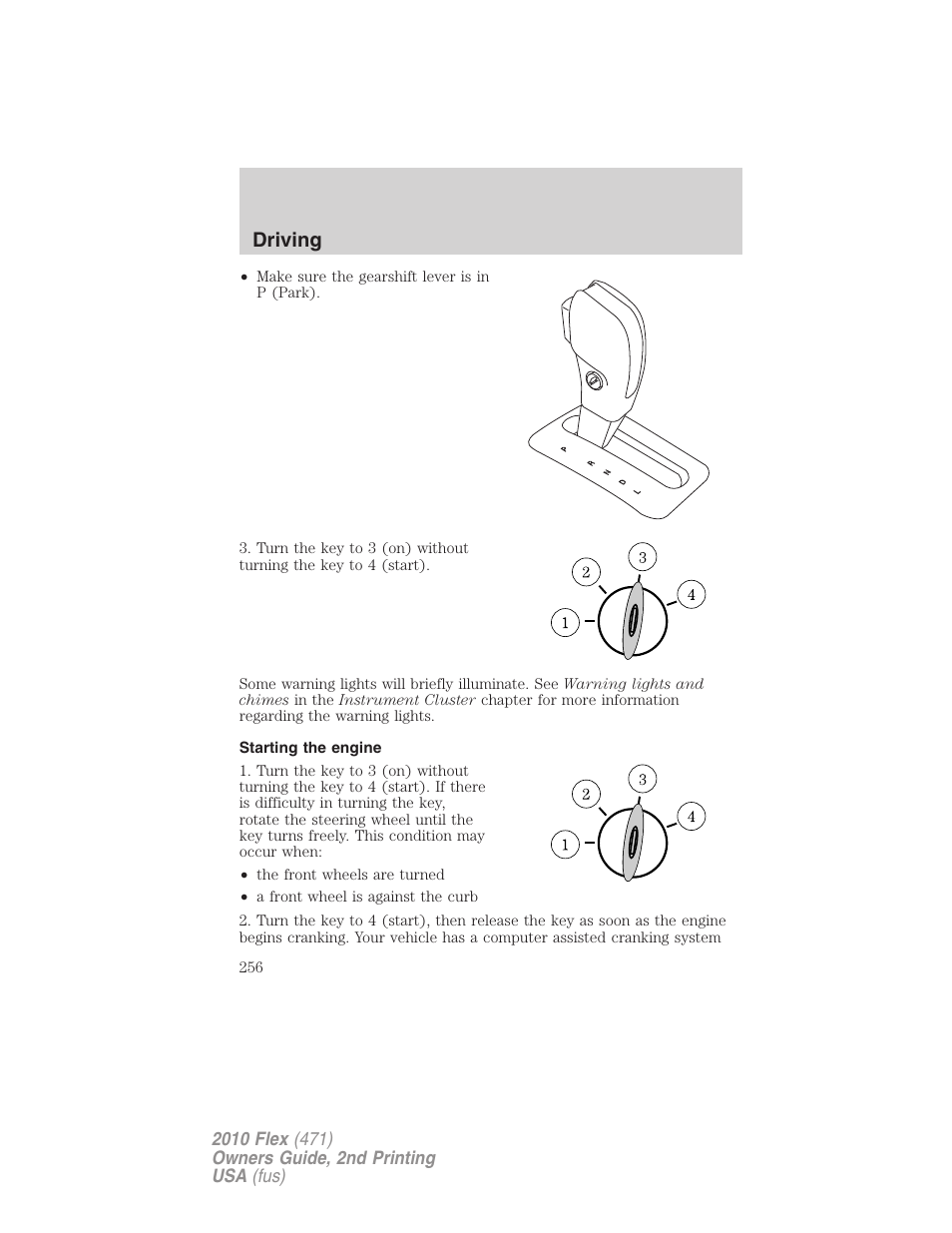 Starting the engine, Driving | FORD 2010 Flex v.2 User Manual | Page 256 / 399