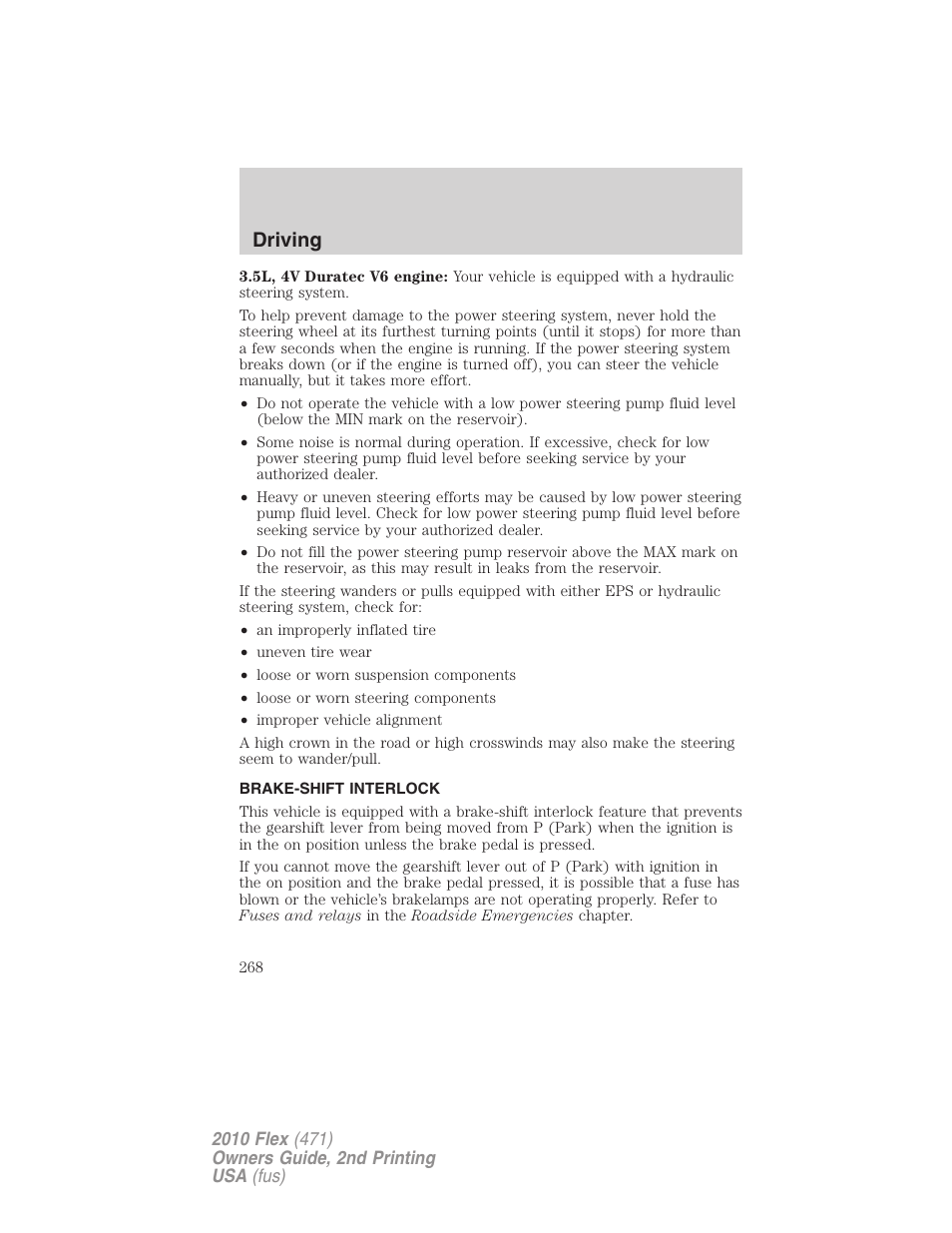 Brake-shift interlock, Driving | FORD 2010 Flex v.2 User Manual | Page 268 / 399