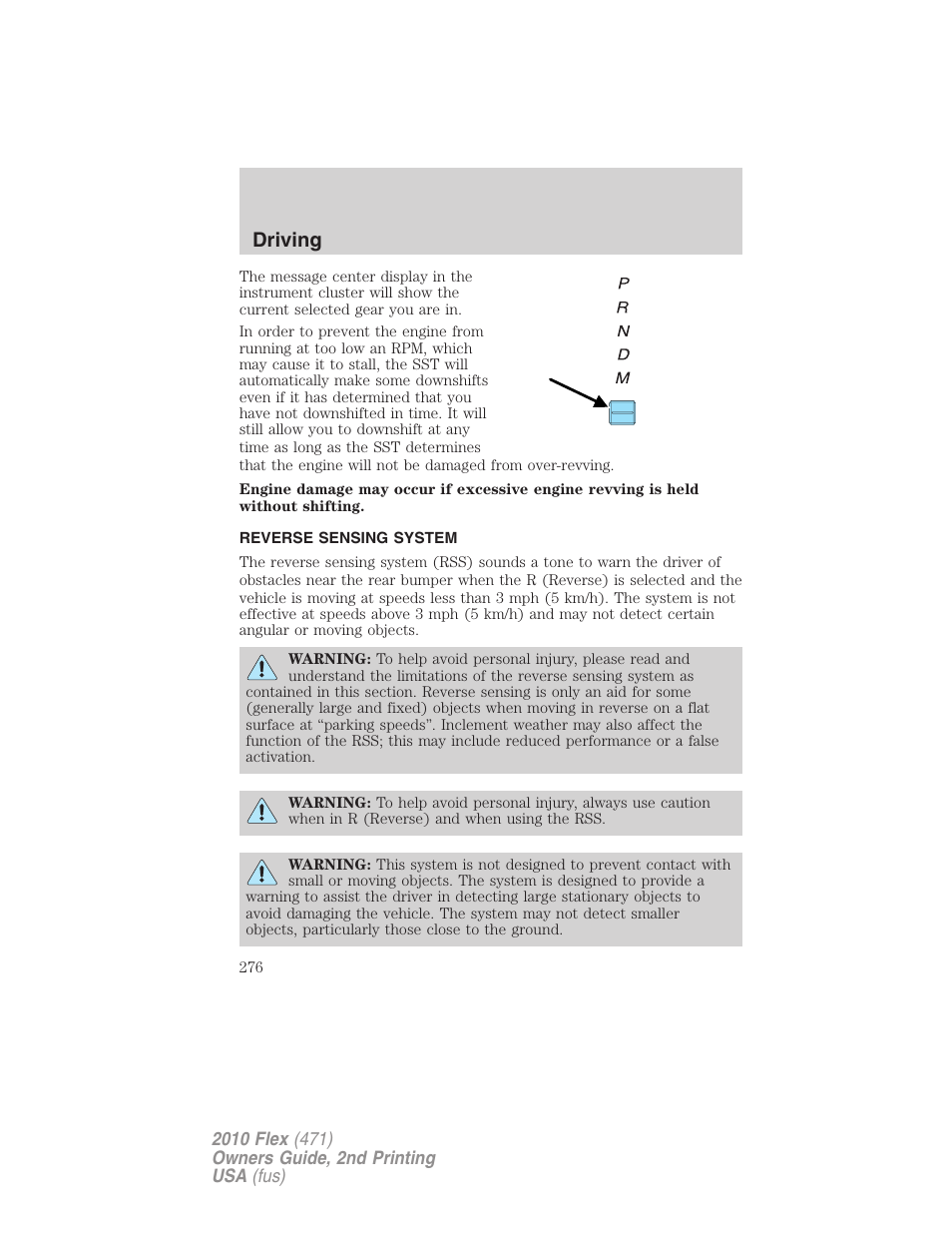 Reverse sensing system, Driving | FORD 2010 Flex v.2 User Manual | Page 276 / 399