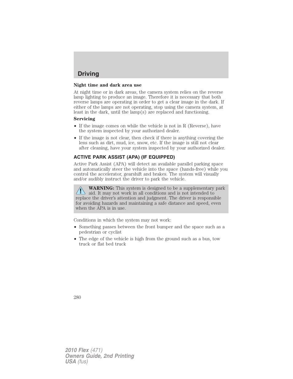 Active park assist (apa) (if equipped), Driving | FORD 2010 Flex v.2 User Manual | Page 280 / 399