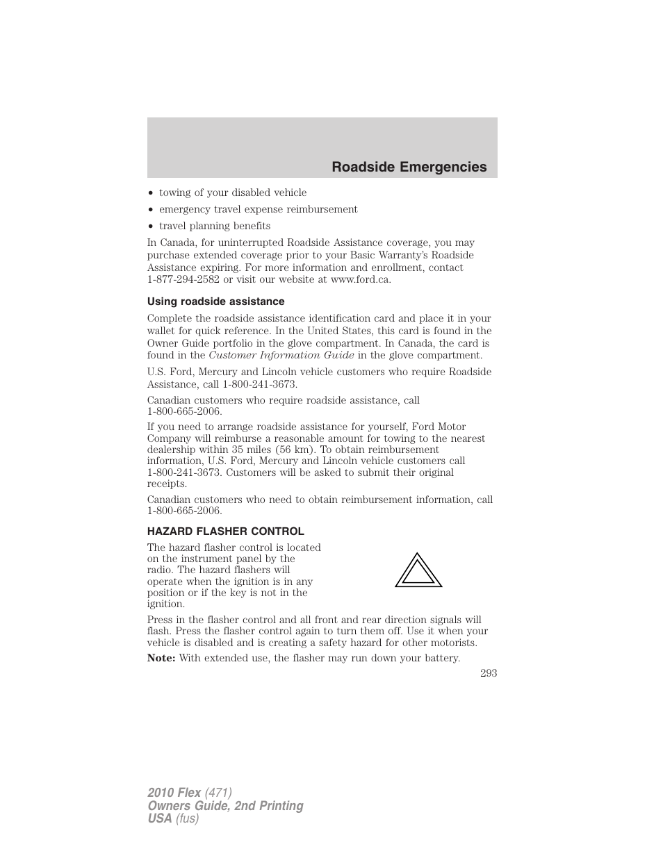 Using roadside assistance, Hazard flasher control, Roadside emergencies | FORD 2010 Flex v.2 User Manual | Page 293 / 399