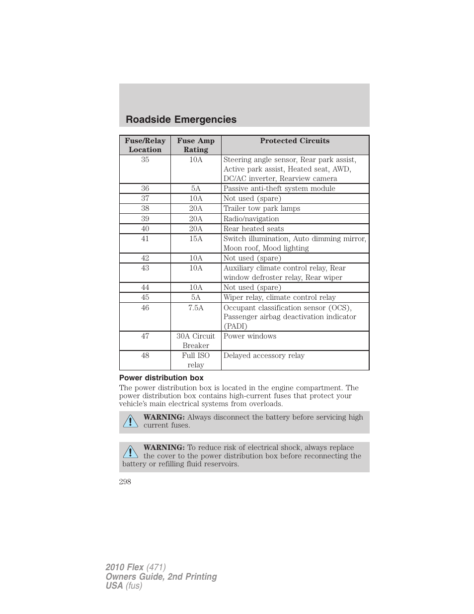 Power distribution box, Roadside emergencies | FORD 2010 Flex v.2 User Manual | Page 298 / 399