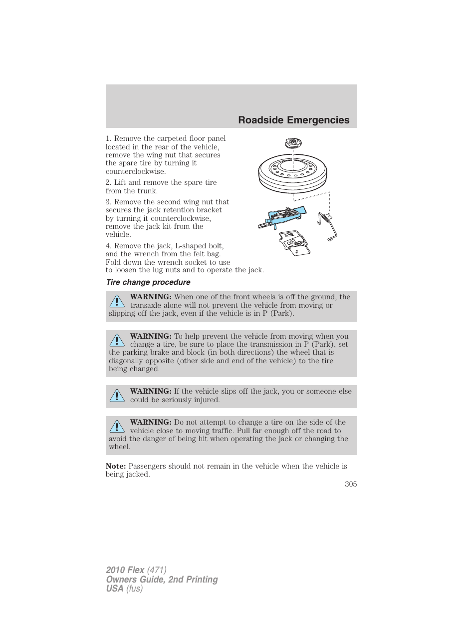 Tire change procedure, Roadside emergencies | FORD 2010 Flex v.2 User Manual | Page 305 / 399