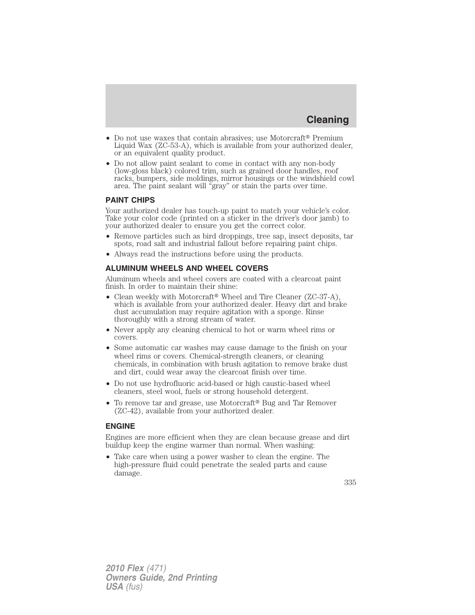 Paint chips, Aluminum wheels and wheel covers, Engine | Cleaning | FORD 2010 Flex v.2 User Manual | Page 335 / 399