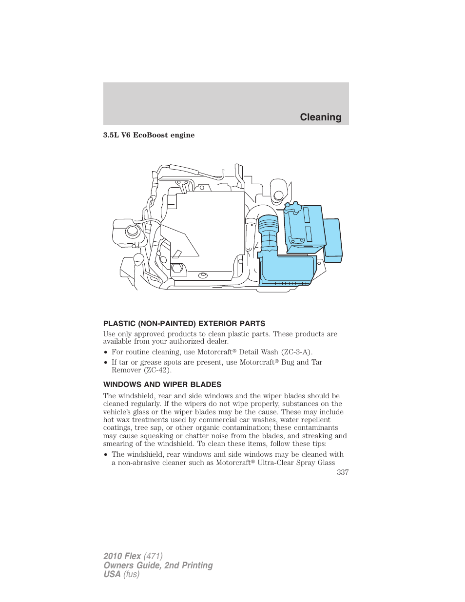 Plastic (non-painted) exterior parts, Windows and wiper blades, Cleaning | FORD 2010 Flex v.2 User Manual | Page 337 / 399