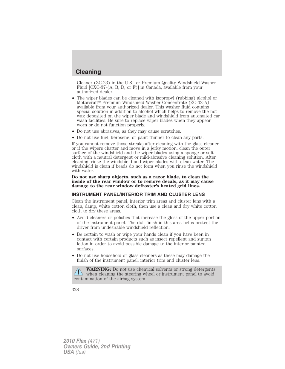 Instrument panel/interior trim and cluster lens, Cleaning | FORD 2010 Flex v.2 User Manual | Page 338 / 399