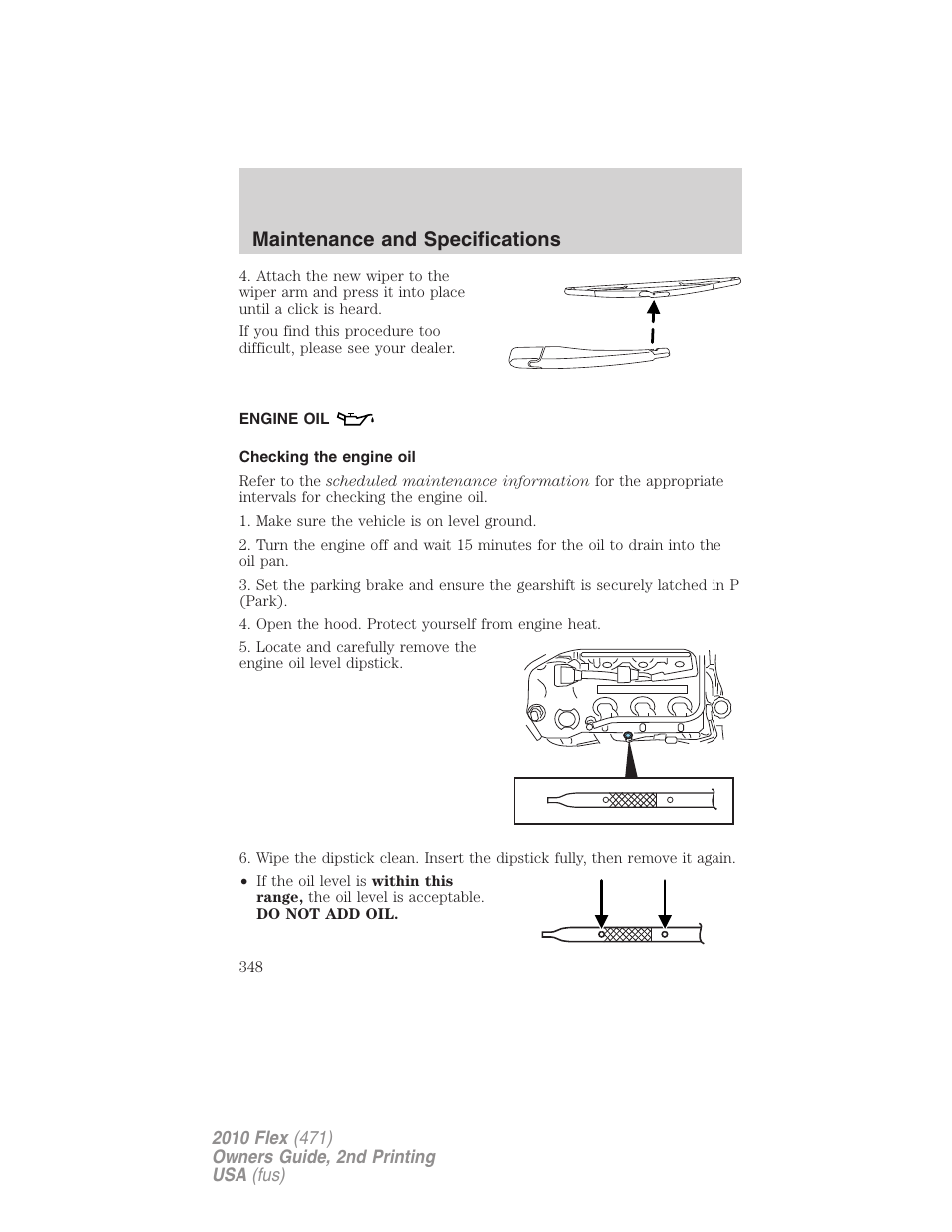 Engine oil, Checking the engine oil, Maintenance and specifications | FORD 2010 Flex v.2 User Manual | Page 348 / 399