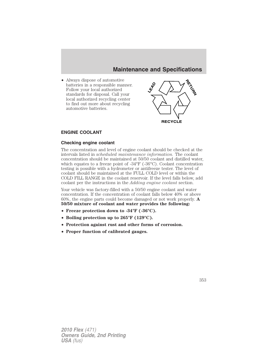 Engine coolant, Checking engine coolant, Maintenance and specifications | FORD 2010 Flex v.2 User Manual | Page 353 / 399