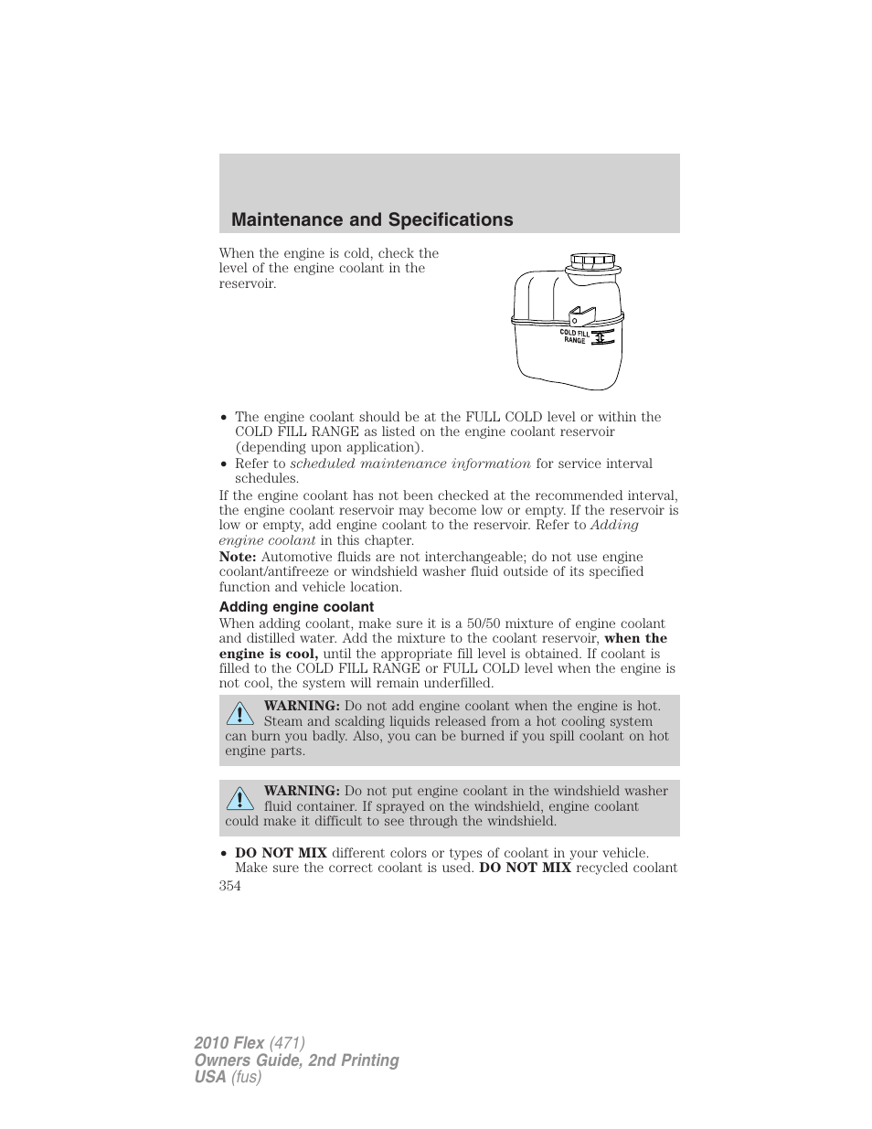 Adding engine coolant, Maintenance and specifications | FORD 2010 Flex v.2 User Manual | Page 354 / 399