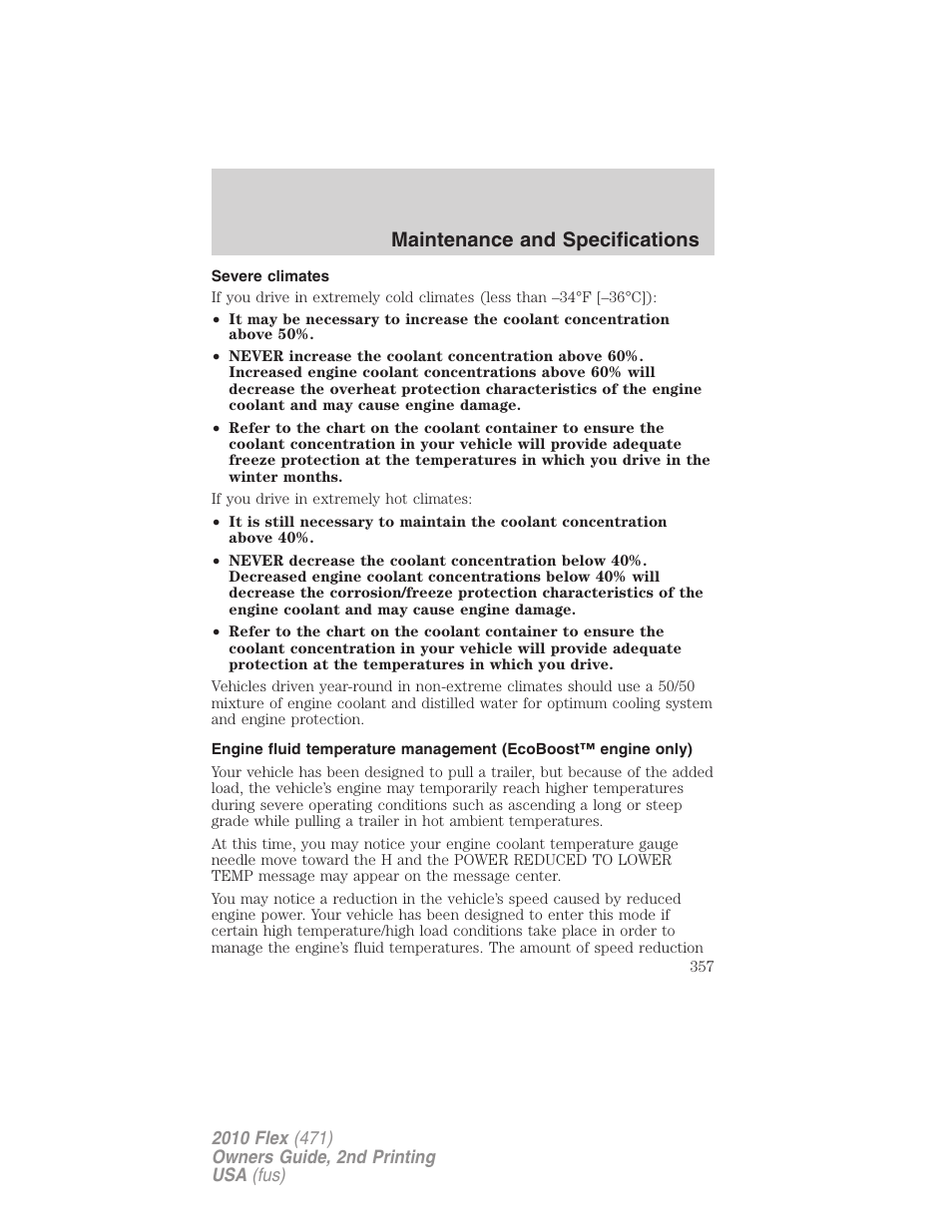 Severe climates, Maintenance and specifications | FORD 2010 Flex v.2 User Manual | Page 357 / 399